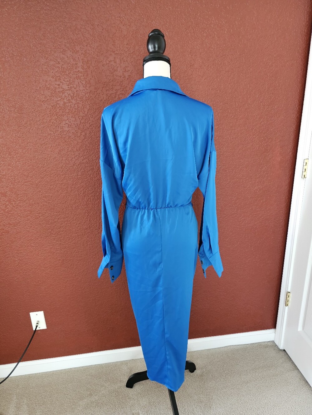 Asymmetrical Blue Satin Button-Front Dress with Waist Tie - Picture 6 of 13